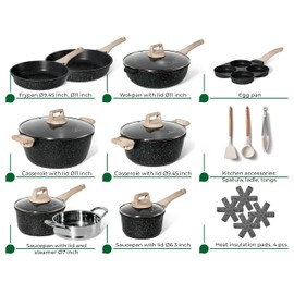 JUST PERFECTO Kitchen Pots and Pans Set with Lids Non Stick - Induction Pots Set - Pots & Pans Set without PTFE and PFOA - Cookware Pot Set Induction 21 Pcs (black)