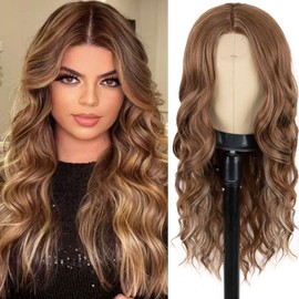 Resmeyer Brown Wig for Women Long Curly Wavy Lace Ginger Brown Hairline Wigs for Women Middle Part Synthetic for Daily Party Use 26Inch