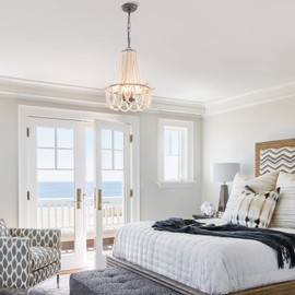 Wood Beaded Chandelier 3-Light Bohemia Pendant Light Fixture Farmhouse Round Hanging Chandelier White Beads with Black Chain for Bedroomn Dining Room Foyer