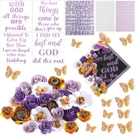 Feifeiya 44 Pcs DIY Graduation Cap Decoration Accessory Kit Faux Paper Flower Head Graduation Quote Glitter Sticker 3D Butterfly Pearl Rhinestone Sticker for Grad Cap Topper Graduation Gift(Purple)