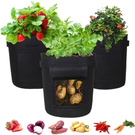 SunStream Grow Bags with Windows (3Gallon,3Pack) Breathable Fabric Plant Vegetable Growing Bag Planting Tomatoes, Potatos,Vegetables, Strawberry with Window Flap and Handles