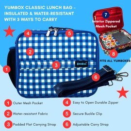 Yumbox Kids Lunch Bag, Holds Lunch Box and Water Bottle, 3 Ways to Carry, Zip Closure, Inside Zipper Netting, Wipe Clean Fabric with EVA lining for extra insulation, Vichy Blue