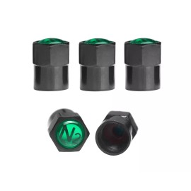 Auspichoice Black TPMS Valve Stem Caps Green N2 Nitrogen Logo+Sealing Gasket/O-Ring 5pcs