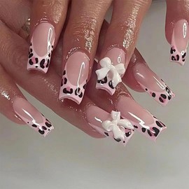 Mkwntg French Tip Press on Nails Medium Square Fake Nails Glossy Pink Leopard Full Cover Coffin False Nails Pink Leopard French with Bow Rhinestones Design Glue on Nails for Women Girls Manicure 24Pcs