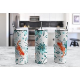 TeesAndTankYou Koi Fish Floral Skinny Tumbler 20oz Travel Coffee with Lid and Straw Stainless Steel Insulated Hot or Cold