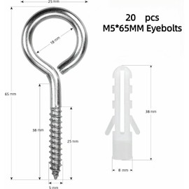Pack of 20 M5 x 65 Eye Bolts Stainless Steel Hooks Screw Hooks Heavy Duty Screw Eyelets Eye Screw Nails Eyelets Screw for DIY Cork Craft Hanging Wooden Frames