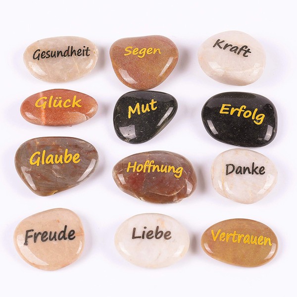 ROCKIMPACT Pack of 12 Stones with Saying Luck Engraved Stones Engraving Inspirational Stones Lucky Charm Encouragement Gratitude Gift Lucky Stones (Wholesale, 12 Different Sayings, 5-8 cm each)