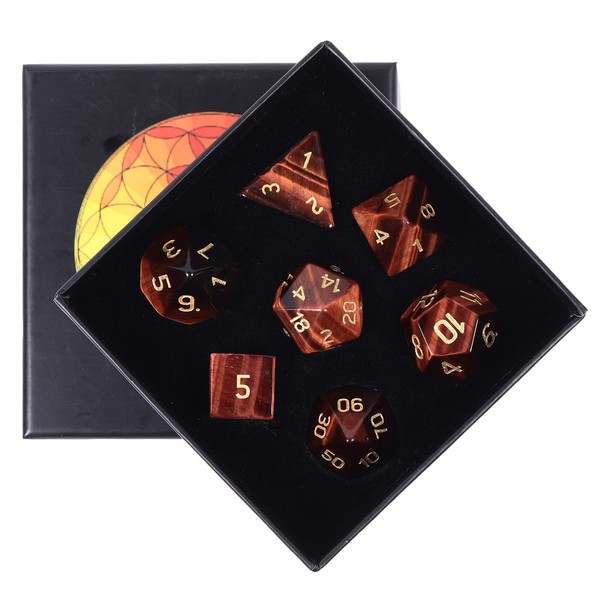 KYEYGWO Red Tiger's Eye Crystal Polyhedral Dice Set, 7 Pieces