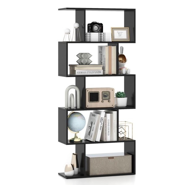 SFAREST 5/6 Tier Bookcase, Wooden S-Shaped Bookshelf, Freestanding Shelving Display