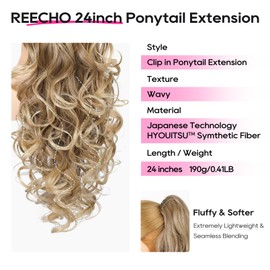 REECHO Ponytail Extension, 24" Claw Clip in Long Curly Wavy Ponytail Hair Extension Jaw Clip on Pony Tails Hairpiece for Women - Glazed Mocha to Blonde