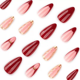 Medium Press on Nails Almond Fake Nails Red French Tip False Nails with 3D Gold Edges Design Glue on Nail Glossy Acrylic Artificial Nails Full Cover Stick on Nail for Women 24Pcs