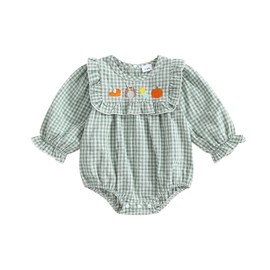 Baby Girl Thanksgiving Outfit Clothes Long Sleeve Turkey Embroidery Plaid Bubble Romper Bodysuit Jumpsuit One Piece(Green, 6-12 Months)