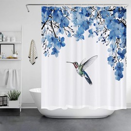 Qucarder Blue Flowers and Birds Shower Curtain Floral Plants Bath Curtain Waterproof Shower Curtains for Bathroom Decor with 12 Hooks 72x72 Inch