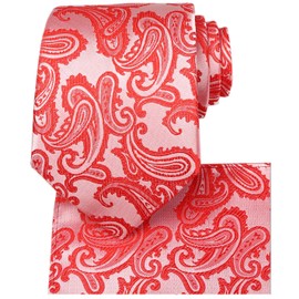 KissTies Mens Tie Set Coral Red Paisley Necktie + Pocket Square
