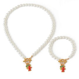 FDEETY Pearl Jewellery Set for Women 14K Gold-Plated Christmas Tree Snowflakes Pendant Necklace Bracelet Jewellery Set Adjustable Pearl Necklace Christmas Decoration Gifts, Alloy Steel