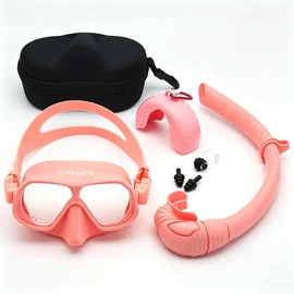 JUNHAIINS Low Volume Frameless Freediving Mask for Adults, Anti Fog Silicone, Scratch‑Resistant Tempered Glass, Professional for Underwater Hunting & Freediving (M1388-Pink 4pcs Set)