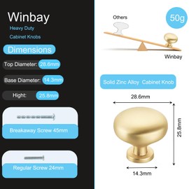 Winbay Brushed Brass Dresser Knob, Round Cabinet Knobs for Drawer Closet Bathroom, Solid Kitchen Pulls, Heavy Duty Furniture Handle, Zinc Alloy Single Hole Cupboard Hardware, 8 Pack