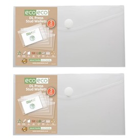 eco-eco DL 95% Recycled Clear Press Stud Popper Wallet, Plastic Folders (Pack of 10), eco156x2