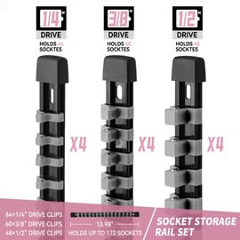 Reniteco Socket Organizer Drive ABS Tools - Grey Socket Holder, Premium Quality 12 Pieces Socket Holders Kit 1/4-Inch x 64 Clips, 3/8-Inch x 60 Clips, 1/2-Inch x 48 Clips（12PC,Grey)