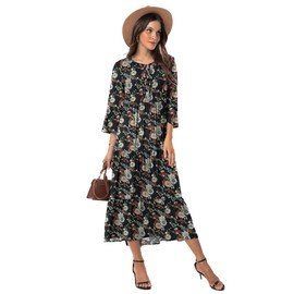 VIISHOW Women's Boho Leopard Print Ruffle 3/4 Sleeve V Neck Casual Flowy Summer Party Dress,Black Red Flower,Small