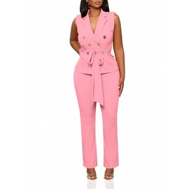 Womens 2 Piece Blazer Pants Set 2025 Trendy V Neck Sleeveless Belted Vest Straight Long Pants Business Suit Sets Pink