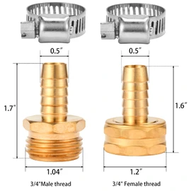 Sanpaint,Brass Garden Hose Connector Repair Mender Kit with Stainless Clamp,Fits 1/2" Water Hose Fitting,2 Sets(1/2" Barb x 3/4" GHT)