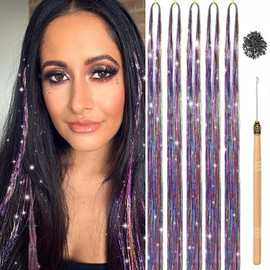 47" Holographic Hair Tinsel Shining Gold Professional Sparkle Heat-Resistant Silk Extensions, Easy to Apply, Hair Accessories for Girls, Party Hair, Gifts for Girls (1000 Strands, Shining Rainbow)