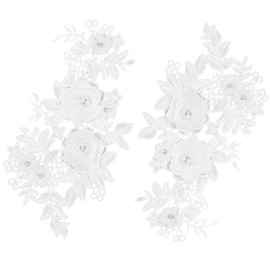 GORGECRAFT 2Pcs 3D Flower Lace Appliques White Pearl Beaded Embroidered Sew on/Iron on Patch Floral Motif Cloth Collar Trim Patches for Wedding Gown Bridal Dress Decor Clothing Pants Sewing DIY Crafts
