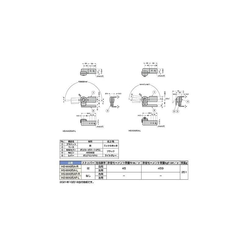 Sugatsune Industries (170043819) HG-MA95A-L Stopper Hinge HGMA95AL