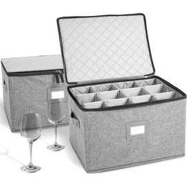 storageLAB Wine Glass Storage Containers, Hard Shell Organizer for Stemware and Glassware Sets, Stackable Wine Glass Storage Box with Dividers for Kitchen and Moving Supplies - 2 Pack Set, Gray