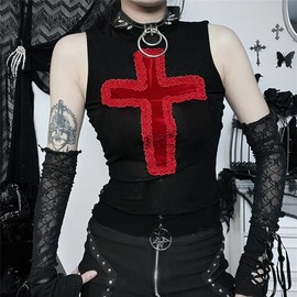 Goth Shirt for Women Sleeveless Y2k Graphic T-Shirts Gothic Punk Grunge Tops Cross Mesh Emo Alternative Tees
