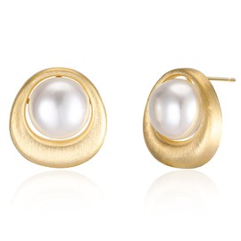 Aprilery 18K Gold Plated Stud Pearl Earrings for Women, Fashion White Pearl Stud Earrings Jewelry Accessory Gifts for Her (Hollow Cone)