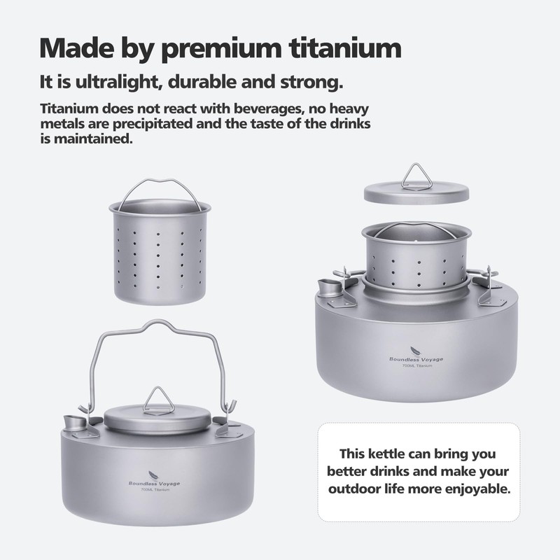 iBasingo 700ml Camping Titanium Kettle with Filter Ultralight Outdoor Coffee