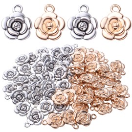BronaGrand Rose Charm Pendant,60pcs Alloy Rose Flower Charms Flower Bead Charms Craft Supplies for Jewelry DIY Necklace Earrings Bracelet Making Accessory,Antique Silver and Gold