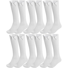 Thread Linens 6 pairs Girls Knee High School Socks Cotton Socks with Ribbons Silky Bow, Back to School Uniform Socks, Party Wear, Long Socks for School with Bow, Knee High Girls School Plain Socks