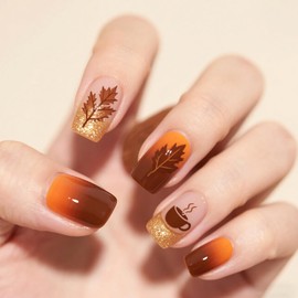 Vopintpy Fall Gradient Press on Nails Medium Square Thanksgiving Fake Nails Autumn Maple Leaf Acrylic Glue on Nail Glossy Maple Leaves Artificial Stick on Nail for Women DIY Manicure