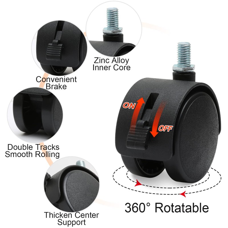 4 Pcs 2 Inch Nylon Caster Wheels with Brake, Black