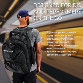 Rockville RVBACKPACK V2 Large DJ Laptop/Gear Travel Backpack, 9 Compartments, Padded Laptop & Headphone Storage, Trolley Sleeve, Lockable Zippers, Reinforced Stitching, Perfect for DJs & Musicians