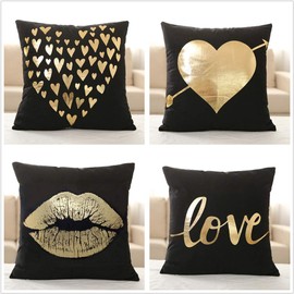 X-Labor Decorative Cushion Cover Set of 4 Black Gold Foil Print Cushion Case for Sofa Decorative Cushion Couch Cushion 45 x 45 cm