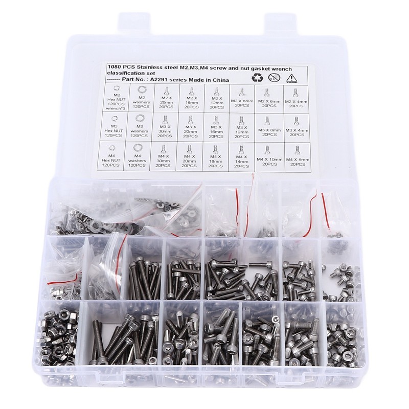 1080Pcs/Set M2 M3 M4 Screw Nut Gasket Kit Stainless Steel