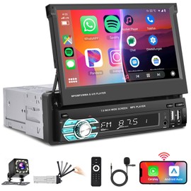 Podofo Wireless Carplay Android Car 7 Inch Car Radio Bluetooth 5.1 1Din with Retractable Display Manual Touch Screen, FM Radio with 2USB/AUX/SD/Steering Wheel Control with Reversing Camera/7 Colourful