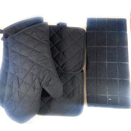 5 pc Black Kitchen Set -Oven Mitts and Pot Holders Sets with Kitchen Towels,- Heat Resistant Oven Gloves,Soft - -,Multi-Function Potholders Perfect for Cooking, Baking (5 pcs)