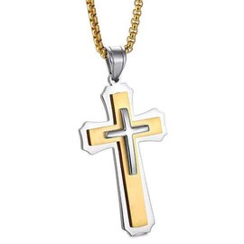 Fashion Polished Diverse Christian Men and Women Religious Cross Pendant Necklace Stainless Steel 24 Inch Chain Gold