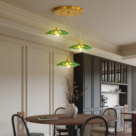 GloMuse Pendant Light Fixture Green Glass Light Kitchen Island Lights Dining Room Light Fixture Chandelier Flower Three Lights for Bedroom Kitchen Hallway Green Sunflower(Bulbs Not Included)