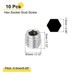 sourcing map 10Pcs Hex Socket Grub Screw, M3x3mm 304 Stainless Steel Head Socket Set Screws Flat Point Grub Bolt for Door Handles, Light Fixture Repair, Silver