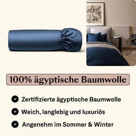 Amqua Bed Sheet, 180 x 200 cm, Cotton Dark Blue, Fitted Sheet with High Mattress (30 cm Base Height), Egyptian Cotton Bed Sheet, Mako Satin, Satin Bed Sheet 180 x 200 cm, Navy, Fitted Sheet Cotton