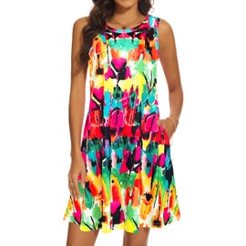 Summer Dresses for Women 2025 Casual Sundresses Beach Cover Ups Sleeveless Tshirt Swing Dress with Pockets M Rainbow