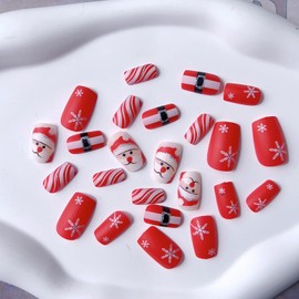 Christmas Press On Nails Medium Square Red Fake Nails with Design Winter False Nails Glitter Full Cover Acrylic Artificial Nails Press Ons Glue on Nails Stick on Nails Holiday Nails DIY Manicure 24PCS