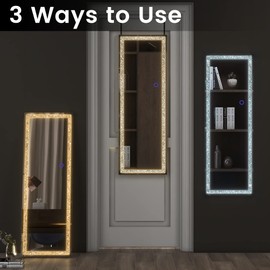 GlasFlength Door Mirror Full Length, 51"x18" LED Mirror Full Length, Diamond Mirror with Lights, Crystal Mirror Wall Mounted, LED Over The Door Full Body Mirror with Dimming & 3 Color Modes