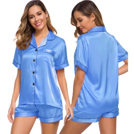 SWOMOG Conjunto de pijama de satén de seda para mujer de dos piezas, conjunto de pijama de ropa de dormir, ropa de salón con botones, Azul Marina, L